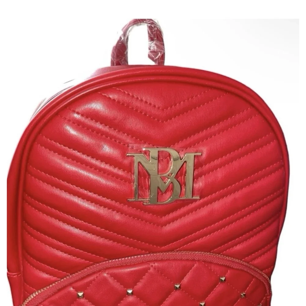 Badgley Mischka Red Vegan Leather Backpack Gold Studded Diamond Quilted NWT